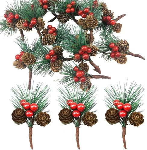 AONAT Set da 20 Rami di Pino Artificiale con Bacche Rosse e Pigne,Decorazione di Natale,Corona dell’Avvento,Ghirlanda Festiva,Fai-da-Te (DIY) e Addobbi per Albero Natalizio