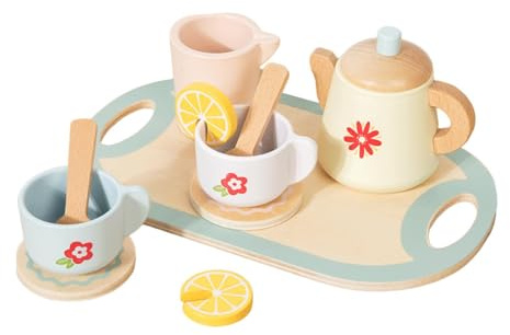 predolo Kids Tea Set Teacups Interactive Role Play Wooden Educational Toys for Toddlers Kids Boys