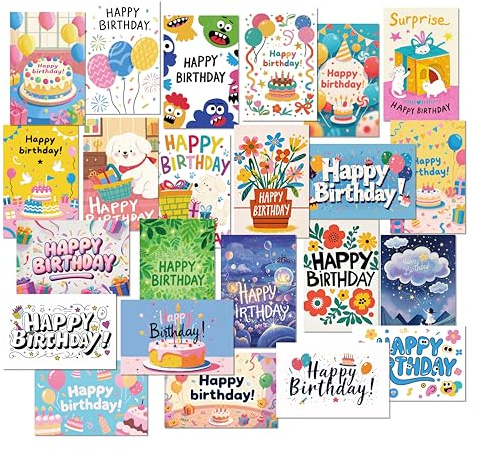 XISHIUYIS 24 Pack Birthday Cards, Messages, Envelopes, and Stickers | 4x6 Inch Happy Birthday Cards Bulk for Family, Kids, Friends, Work, and Office Celebrations. (24 Pcs Cards With Cute Style)