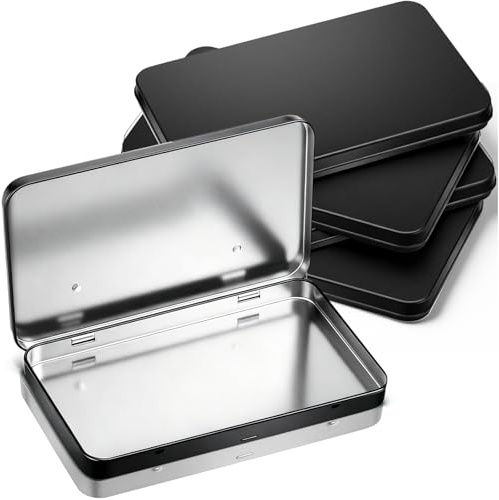 Geiserailie 4 Pack Rectangular Metal Tin Box with Lid Metal Hinged Lid Tin Empty Box Container Storage for Watercolor Jewelry Pen Eraser Pill Candy Craft Organize 7.0 x 4.2 x 0.6'' (Black)