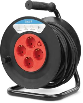 Garza - Enrollacables 10 m, 4 tomas con toma de tierra, doméstico interior, protección infantil, sobretensión y sobrecalentamiento, tambor eléctrico enrollable, rojo y negro, IP20, garantía 3 años
