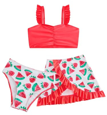 JiAmy Conjunto de tankini para niña, 3 piezas, con falda con volantes, bikini para niños, traje de baño para niños, tirantes ajustables, fresa, sirena, sandía, rosquilla, 4-8 años, Sandía roja, 3-4