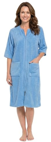 INSIGNIA Women’s Zip Front Towelling Dressing Gown, Cotton Terry Bathrobe with Pockets, Short Sleeve