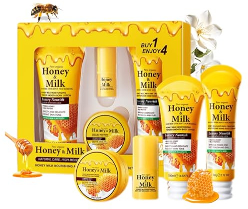 Honey Milk Skin Care Gift Set,Travel Size Body Care Set with Body Lotion,Hand & Foot Cream,Lip Balm & Chap Cream,Deep Moisturizing & Nourishing for Dry Skin,Self Care Gifts / Holiday Gift for Women