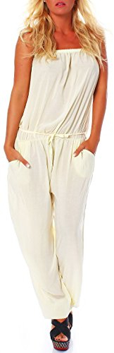 malito - Damen Jumpsuit - langer Einteiler - Overall Carmen Ausschnitt - Hosenanzug Uni - Romper Leo-Print 4538 - (Gelb)