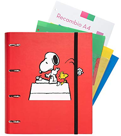 Grupo Erik: Raccoglitore Organizer Snoopy | Raccoglitore ad anelli A4 con fogli e divisori, con chiusura elastica, include block di 100 fogli A4, separatori pagine e cartella portadocumenti