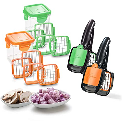 Genius Nicer Dicer Quick Zerkleinerer für Obst und Gemüse | 5 in 1 Multischneider mit austauschbaren Messereinsätzen | 30 Würfel oder 10 Scheiben mit einem klick! (Grün & Orange)