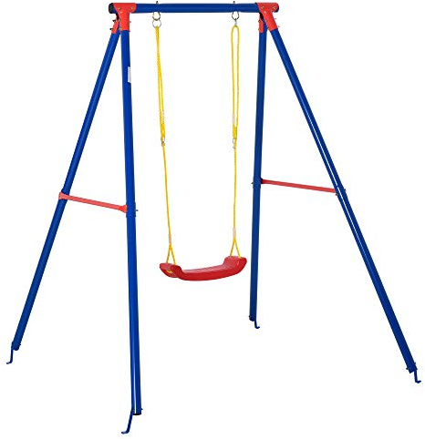 Outsunny Kids Swing Set Toddler Swing Adjustable Rope Heavy Duty A-Frame Stand Outdoor Playset for 3-8 Years Old Blue