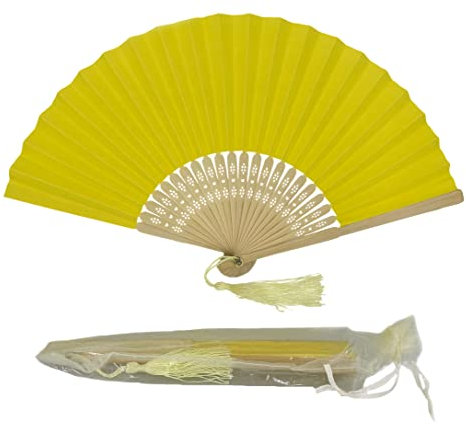 Paper Handheld Folding Fan with a Tassel and Grade A Bamboo Ribs for Women Girls Summer Party Favour Birthday Wedding Gift (Greenish Yellow)