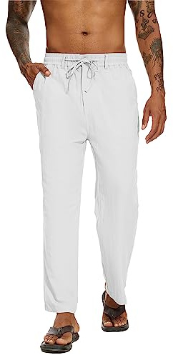 YAOBAOLE Pantalon Homme Lin Décontracté Pantalon Lin Homme et Coton en Leger Blanc L
