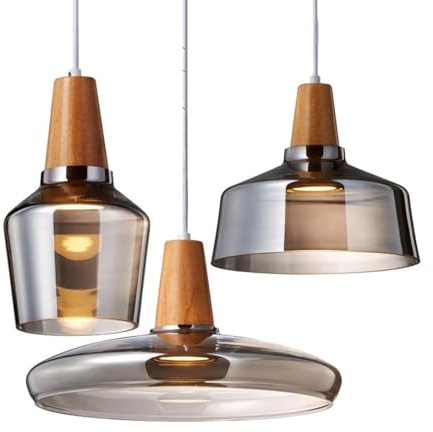 Kronleuchter 3-Köpfe Pendelleuchten Holz Mundgeblasen pendelleuchte Rund Glasschirm Hänge-lampe,Moderne Loft Esstisch-Hängeleuchte Esszimmer Pendellampe Innen Decken-strahler, Braun/Rauchgrau