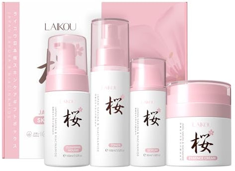 LAIKOU Sakura Gesichtspflege Set, Hautpflege Geschenkset Frauen, 4 Stück Feuchtigkeitsspendend Skincare Geschenkset – Reinigungsmittel Gesicht, Serum, Toner Hydrating, Gesichtscrem