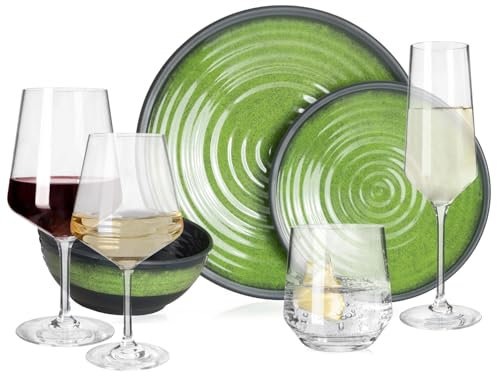 Vaisselle de camping en mélamine pour 4 personnes - Vert pierre + 16 verres Milano - Verres à eau - Verres à vin - Verres à champagne - Vaisselle de table pour pique-nique et barbecue