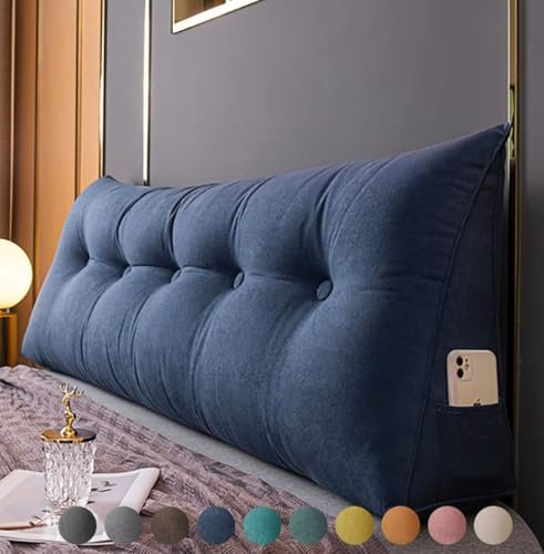 Bettkissen Rückenlehne 100cm Blau, Rückenkissen Bett Keil Kopfteil Kissen, Waschbar Abnehmbar Rückenstützkissen Lendenkissen mit Seitentasche, Bequemes Groß Wandkissen Lesekissen für Bett und Sofa