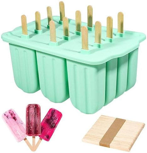 HoneTeek Silicone Ice Lolly Moulds with 50 Wooden Sticks, 12 Pieces Large Ice Pop Mold, Popsicle Mold Set BPA Free Easy Release, Ice Lolly Stick for Kids DIY Home Ice Pop Moulds