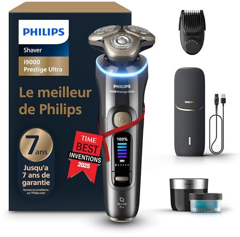 Philips i9000 Prestige Ultra, Afeitadora Eléctrica Hombre, Máquina de Afeitar Barba en Seco y Húmedo, Tecnología SkinIQ Pro, Recargable, Centro de limpieza, Recortador, Estuche de Carga UV, XP9402/46