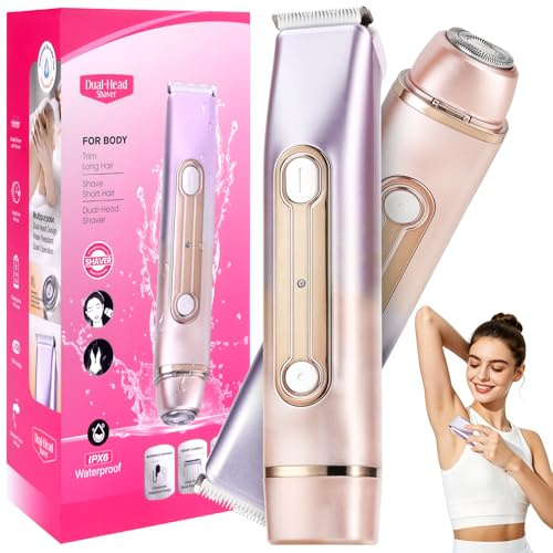Rasoio Elettrico Donna, Depilatore Corpo Donna, 2 in 1 Bikini Trimmer, Rasoio Donna Parti Intime IPX6 Impermeabile per Gambe, Braccia, Ascelle e Zona Bikini, Cavo Incluso, Adatto a Pelli Sensibili