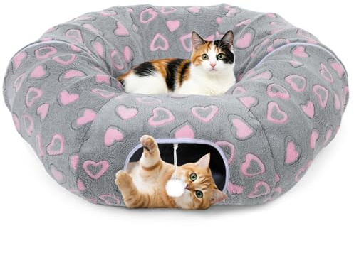 Tivray Cat Tunnels for Indoor Cats, 35'' Plush Cat Tunnel Bed with Playful Ball and Circle Cushion, Multifunctional Peekaboo Cat Cave, Interactive Toy Gift for Cats, Kittens, Rabbits, Gray&Heart