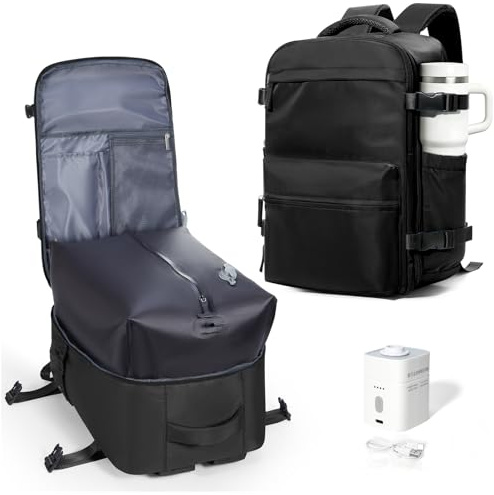 BOXSAM Sac à Dos de Voyage Cabine avec Système Vacuumpack - Sac Compression sous Vide avec Pompe Intégrée - Imperméable - pour Femme et Homme (Noir)