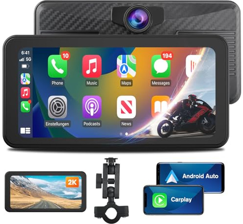 AWESAFE Pantalla Táctil de 6.25 Pulgadas para Motocicleta con CarPlay/Android Auto Inalámbrico, Estéreo Portátil con Pantalla IPS Impermeable/Dashcam 2K Frontal/Soporte para Moto，Admite Bluetooth/TF