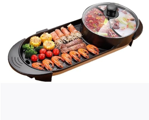 2 in 1 Hot Pot & BBQ Grill, 220V Dual Side Non-Stick Teppanyaki Pan with Adjustable Temperature, Divider Hot Pot & Grill Combo for Family Party Cooking, Cast Aluminium Alloy, 5-Speed Heat Control