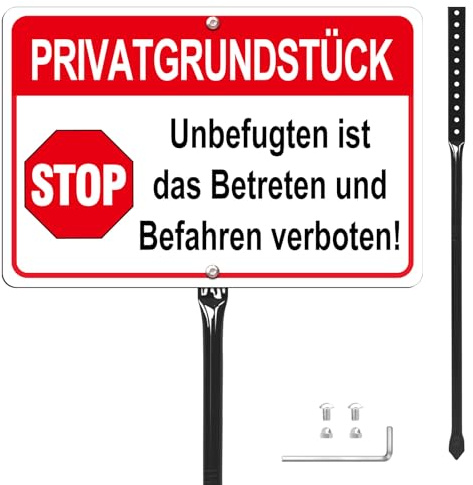 Privatgrundstück Schild mit Pfosten Metall Reflektierend,20x30 cm Schild Privatgrundstück Betreten Verboten Alu Warnschild und Befahren Verboten,Wasserdicht UV geschützt (weiß)