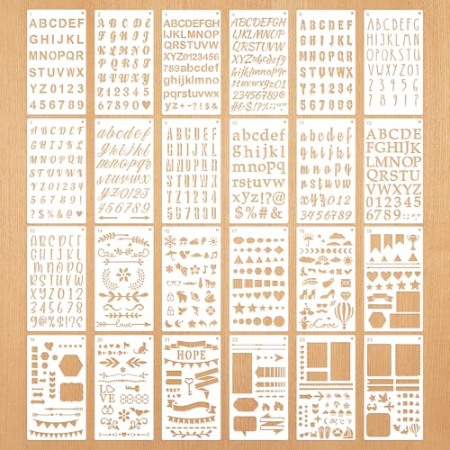 24Pcs Letter Stencils for Crafts Reusable Alphabet Stencils Plastic Alphabet Number Symbol Templates Letter Stencil for Painting DIY Crafts Scrapbooking Bullet Journal StencilsWood Signs Wall Art