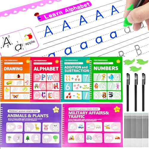 Tangdudu - Juego de 6 Cuadernos mágicos de escritura a mano, 20 recambios para bolígrafos, 3 bolígrafos y libro de actividades reutilizable para niños de 3 a 8 años, preescolar