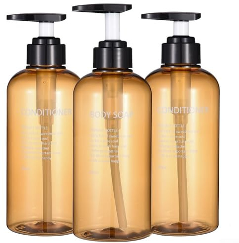 Besttoolifes Set di 3 flaconi dispenser di sapone ricaricabili da 500 ml, per shampoo e gel doccia, in plastica PET stile nordico, con pompa per lozione (marrone)