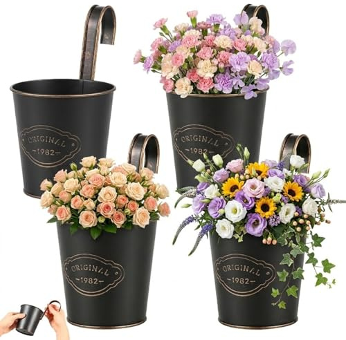 Gatphy 4Pcs Hanging Flower Pots Outdoor for Fence, Metal Hanging Plant Pots with Drainage & Detachable Hooks Decorative Railing Planter Metal Bucket Planter for Porch Railing Balcony Fence Patio