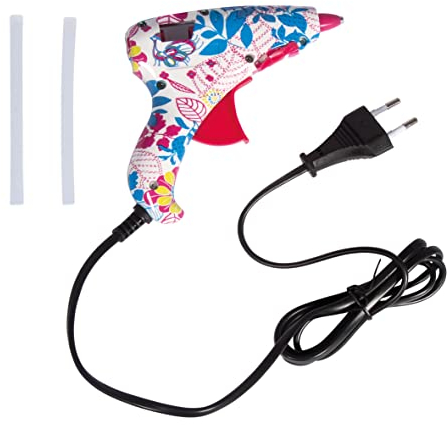 Rayher pistola colla a caldo mini con design floreale Flower Power, 12 x 12 cm, con filo e supporto di sostegno, 2 stick di colla inclusi, 30215000