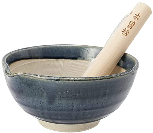 Tikusan Keramisk Ripple Ridge Mortel & Pestle (Suribachi & Surikogi) Set med pip tillverkad i Japan Mino Ware (stor, blå)