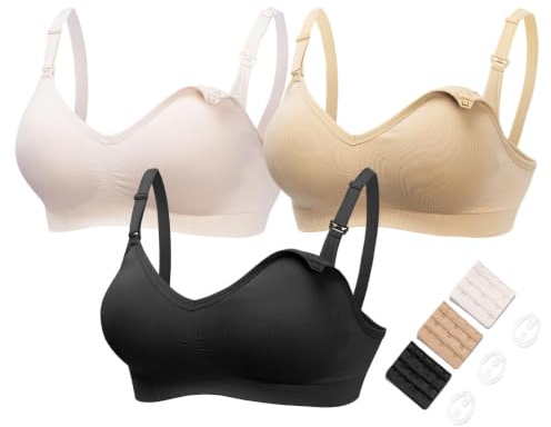 HOFISH Women's Maternity Nursing Bras Seamless 3 Pack Deep V Neck Push Up Bra for Breastfeeding with Extenders & Clips(3 BlackBeigePink,XL)