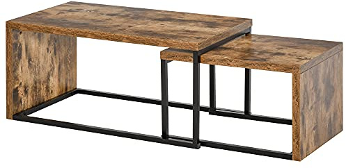 HOMCOM Juego de 2 Mesas de Centro 90x48x42/59x42x36 cm Marrón Rústico/Negro