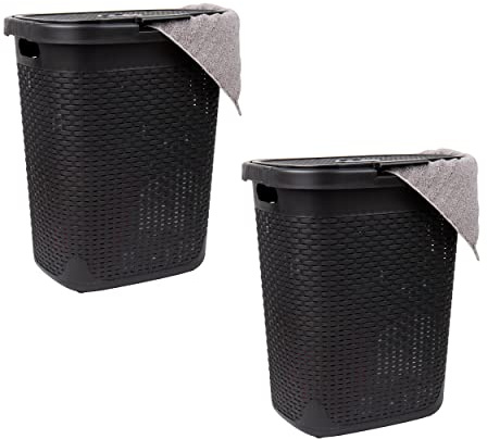 Mind Reader Schlanker Wäschekorb, 50 l, 2er-Set, Wäschekorb, Deckel, Weiden-Design, Kunststoff, 45 cm L x 34 cm B x 53 cm H, Schwarz