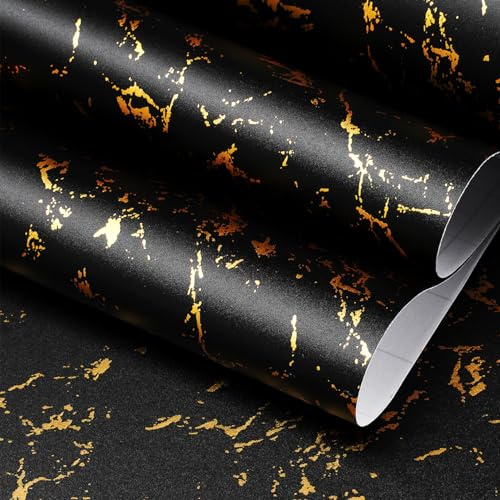 FunStick 60CMx5M Carta da Parati Adesiva Muro Marmo Nero Adesivi Mobili Bagno Rivestimento Adesivo per Mobili Cucina Pellicola Adesiva per Piano Lavoro Marmo Carta da Parati Armadio Cucina Nero Oro