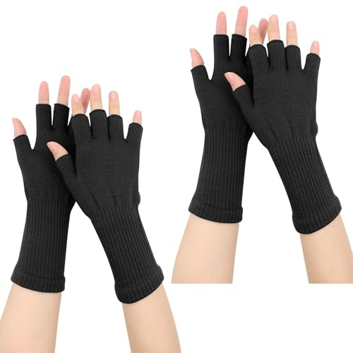 SPOKKI 2 Paar Fingerlose Handschuhe Damen, Gestrickte Halbfingerhandschuhe Fäustlinge Warmer Handschuh für Innen- Und Außenaktivitäten (Schwarz)