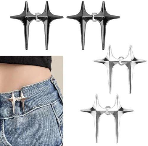 Bekecidi 4 Paar Stern Jeans Knöpfe Pins, abnehmbare Hose Taillenspanner Verstellbare Taillenschnalle Taillenknöpfe festziehen kein Nähen Hosen Enger Machen Clip für Jeans Hosen (Silber, Schwarz)