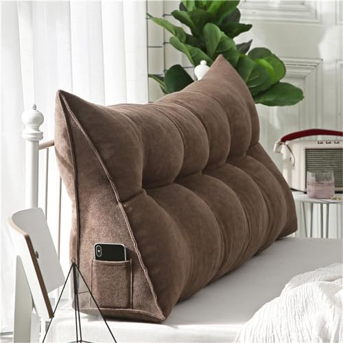 Treer Almohada Triangular Grande con Cuña Triangular para Respaldo, Vistoso Almohada de Lectura de Cabecera Cojín de Apoyo Lumbar Cojín de Posicionamiento para Sofá Cama (80 * 50 * 20cm,Marrón)