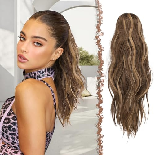 FESHFEN Coleta Postiza Larga con Pinza, Ondulada Cola de Caballo Extensión 50 cm Clip de Garra en Extensión Ondulado Extensiones de Cabello Sintética para Mujeres Rubio Miel Mixto Marrón Claro