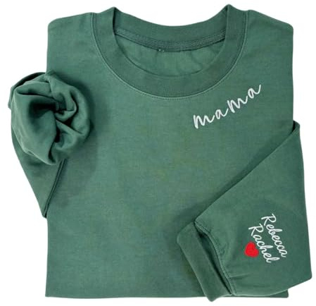 shinedian Sweat-shirt brodé Mama, chemise personnalisée Mama sur l'encolure avec noms d'enfants, cœur sur la manche, cadeau de grossesse pour nouvelle maman, pour maman, 19 couleurs, X-Small-Small