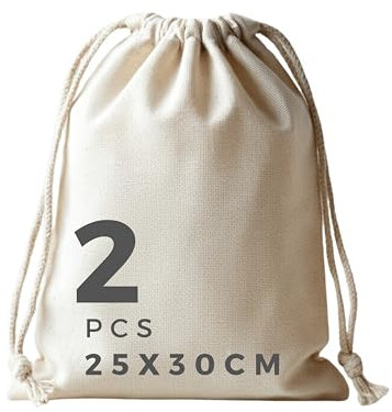 POLHIM 100% Baumwolle Stoffbeutel 25x30cm: Kordelzugbeutel zum Bemalen | Unbedruckter DIY Jutebeutel | Kleiner Aufbewahrungsbeutel für Obst, Gemüse | Ideal für Basteln, Geschenke & Weihnachten (2)