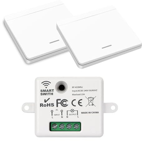 KBIBCK Kit Interrupteur Sans Fil, Interrupteur Mural Sans Fil, Interrupteur D'éclairage Sans Fil, Interrupteur de Sécurité de L'émetteur Rf Et Contrôleur de Récepteur 10a, Portée de 50 M (2)