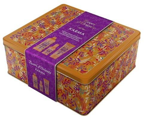 Tesori d'Oriente Geschenk-Set, Duschgel 500 ml, Dusche 250 ml und aromatischer Duft 100 ml, Karma-Duft, Geschenkbox, Dose