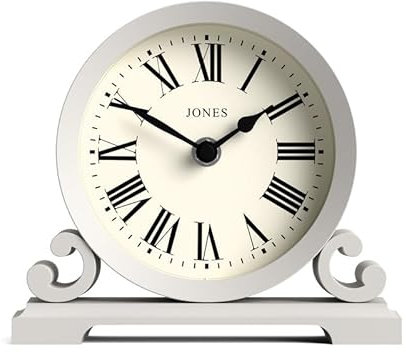 JONES CLOCKS® Saloon Horloge de cheminée | Conception Traditionnelle à Double Volute | Gris | Chiffres Romains | Style Classique pour Bureau, Table, étagère ou Chevet
