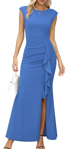 Missufe Balklänning för kvinnor, aftonklänningar i maxilängd med fladdermusärmar, cocktailklänning med volang och slits, sjöjungfruklänning, bodycon, festklänning, bröllopsklänning, Ljusblå, XS