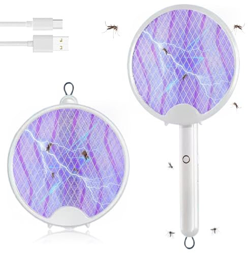 BNGXR 3 en 1 Raquette Anti Moustique Electrique, 3000V Raquette Pliable Rechargeable Moustique, 800mAh Raquette Insectes Protection de Maille 3 Couches avec USB-C pour Intérieur (2)