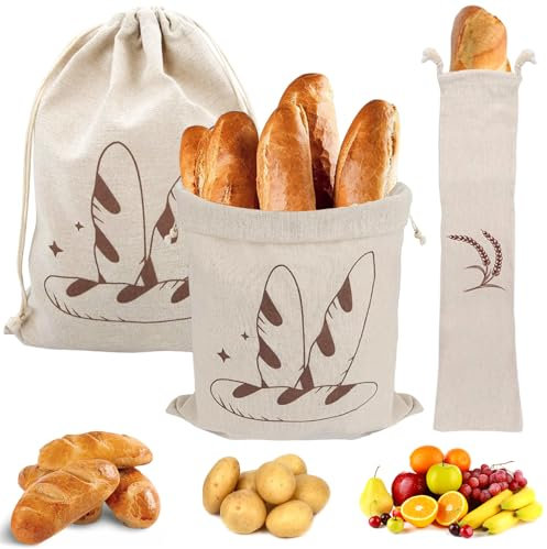 Vyanveo 3 Pièces Sac à Pain Tissu Réutilisables Sac à Pain en Lin avec Cordon de Serrage Sacs a Pains Longue Conservation pour Baguette Pains Fruits Pâtisseries Légumes (30x40 cm, 15x66 cm)