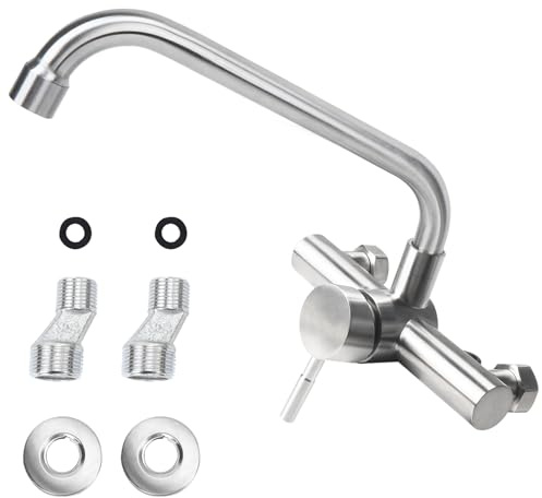 VirtuGro Grifo Cocina Pared con Aireador Grifos Cocina Fregadero en Acero Inoxidable Grifo Monomando Cocina Agua Fría y Caliente Boquilla de Dispensación Orientable a 360° Superficie Cepillada Plata
