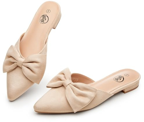 Trary Mules for Women Flats Comfortable Bow Pointed Toe Womens Mules Cream Size 8